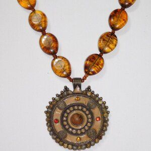 Vintage Coppertone Beaded Medallion Necklace pendant gift for mom, gift for her